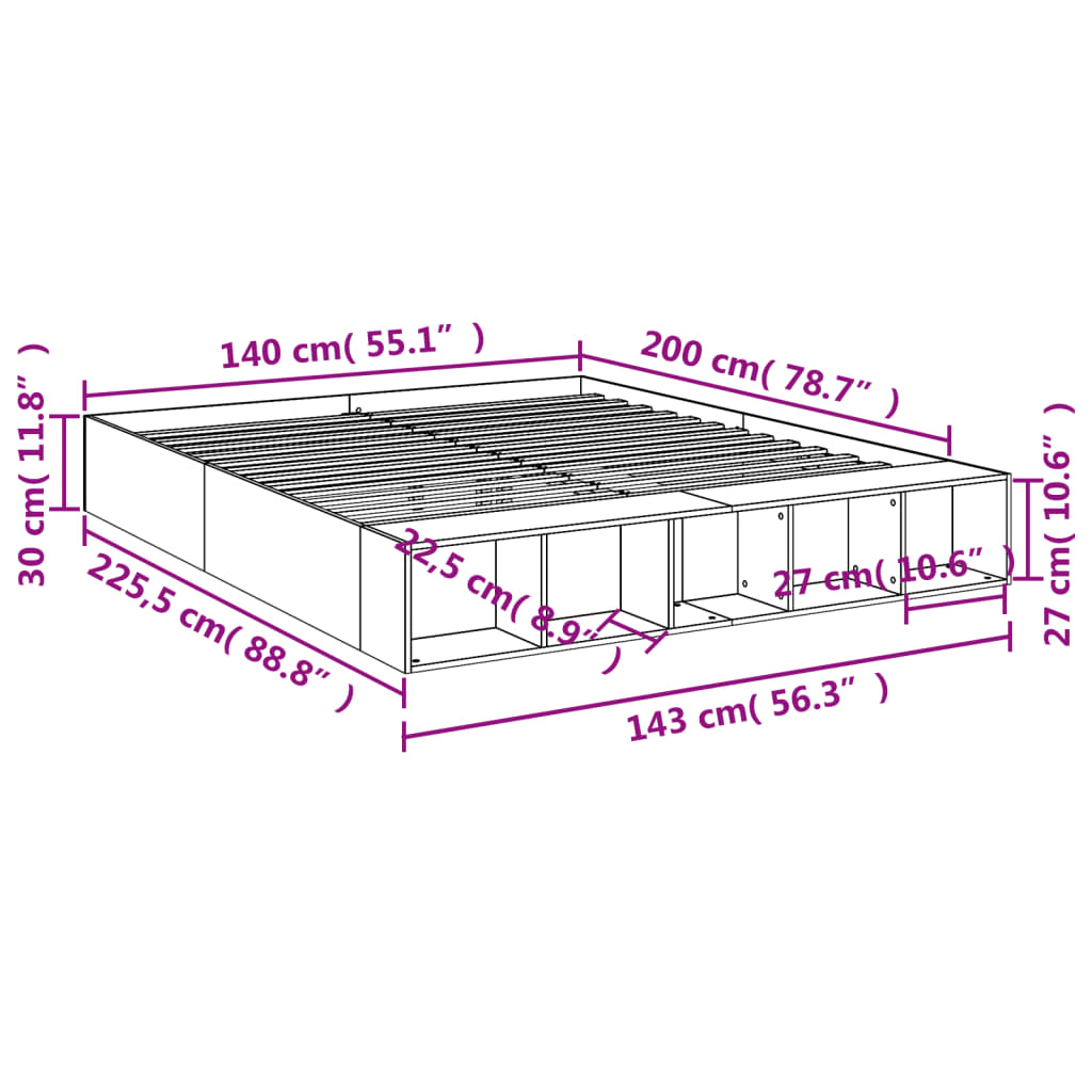 Bettgestell Grau Sonoma 140x200 cm Holzwerkstoff