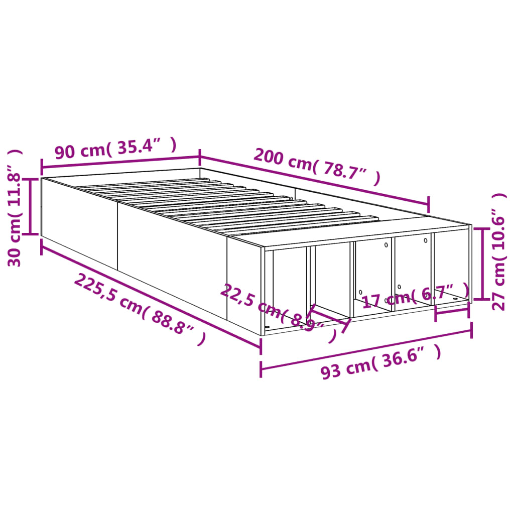 Bettgestell Grau Sonoma 90x200 cm Holzwerkstoff