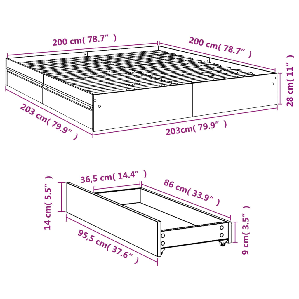 Bettgestell mit Schubladen Schwarz 200x200 cm Holzwerkstoff