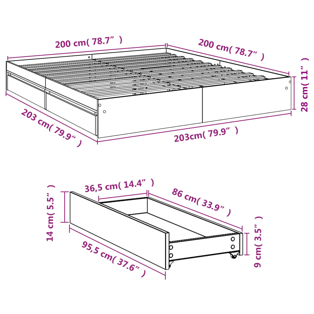 Bettgestell mit Schubladen Sonoma-Eiche 200x200cm Holzwerkstoff