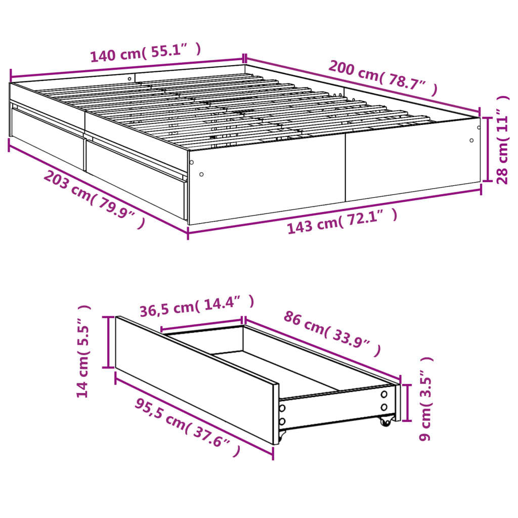 Bettgestell mit Schubladen Schwarz 140x200 cm Holzwerkstoff