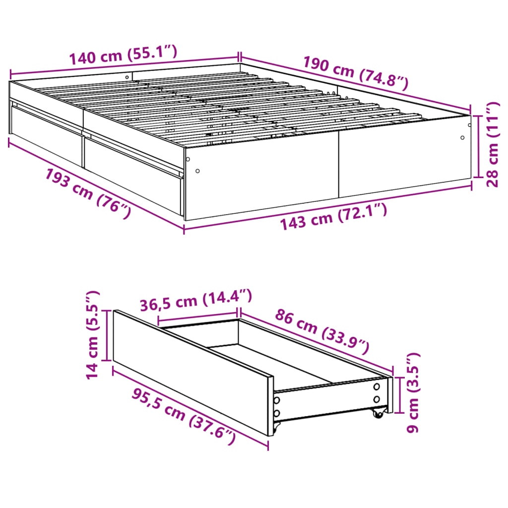 Bettgestell mit Schubladen Braun Eichen-Optik 140x200 cm