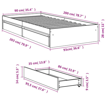 Bettgestell mit Schubladen Räuchereiche 90x200cm Holzwerkstoff