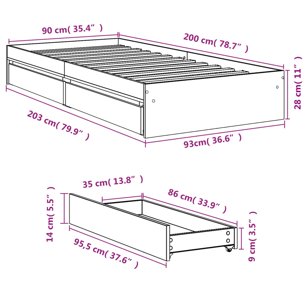 Bettgestell mit Schubladen Braun Eichen-Optik 90x200 cm