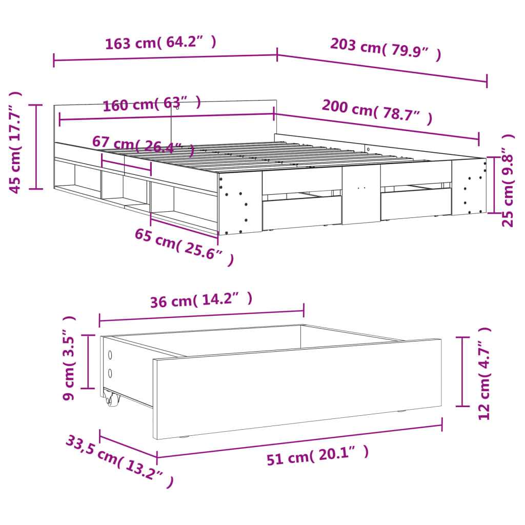 Bettgestell mit Schubladen Braun Eichen-Optik 160x200 cm