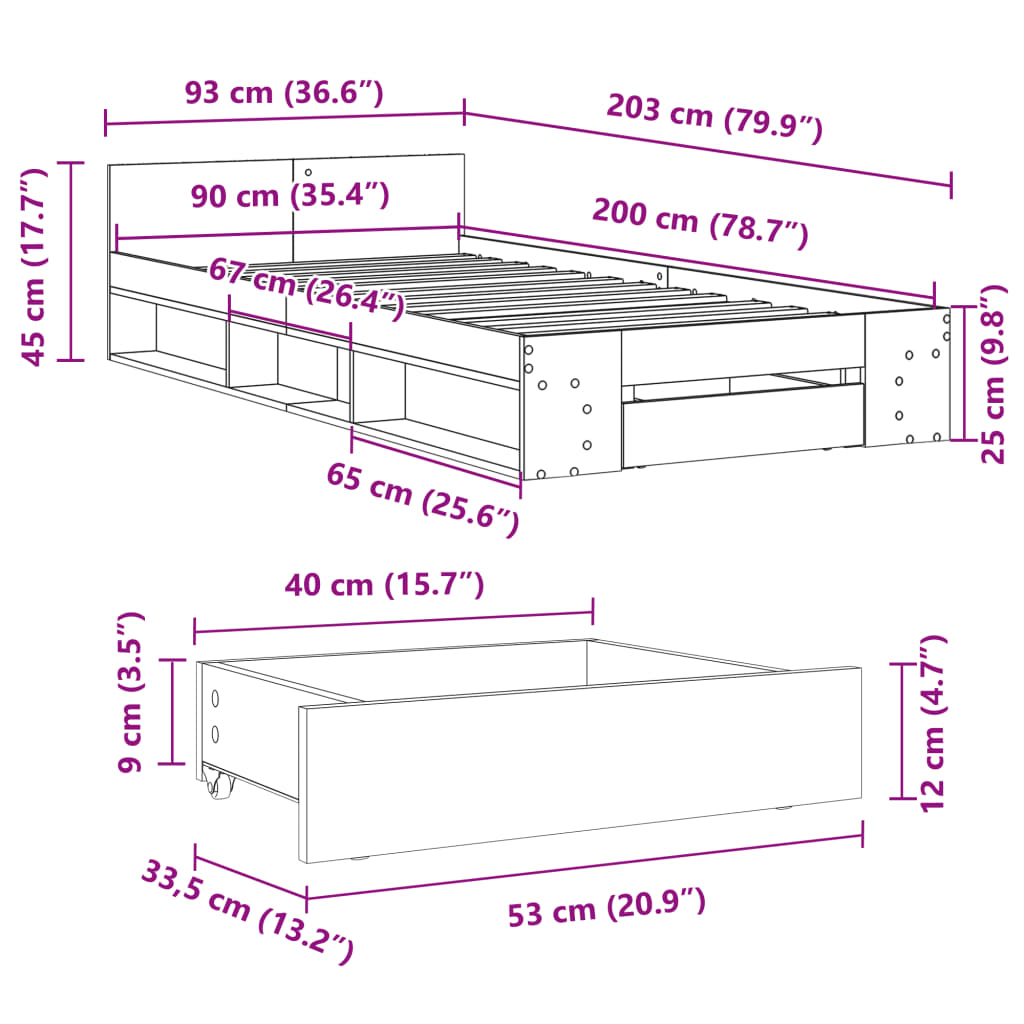 Bettgestell mit Schublade Betongrau 90x200 cm Holzwerkstoff