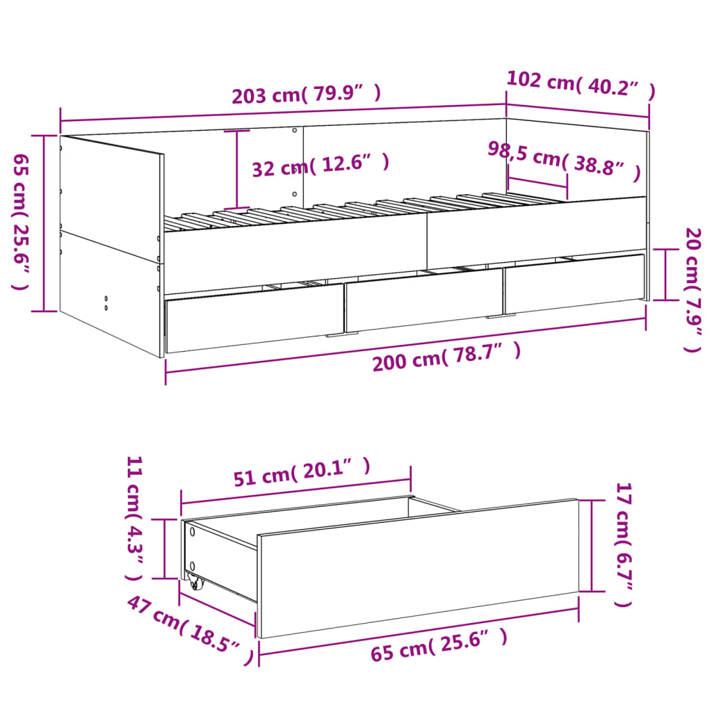 Tagesbett mit Schubladen ohne Matratze Weiß 100x200 cm