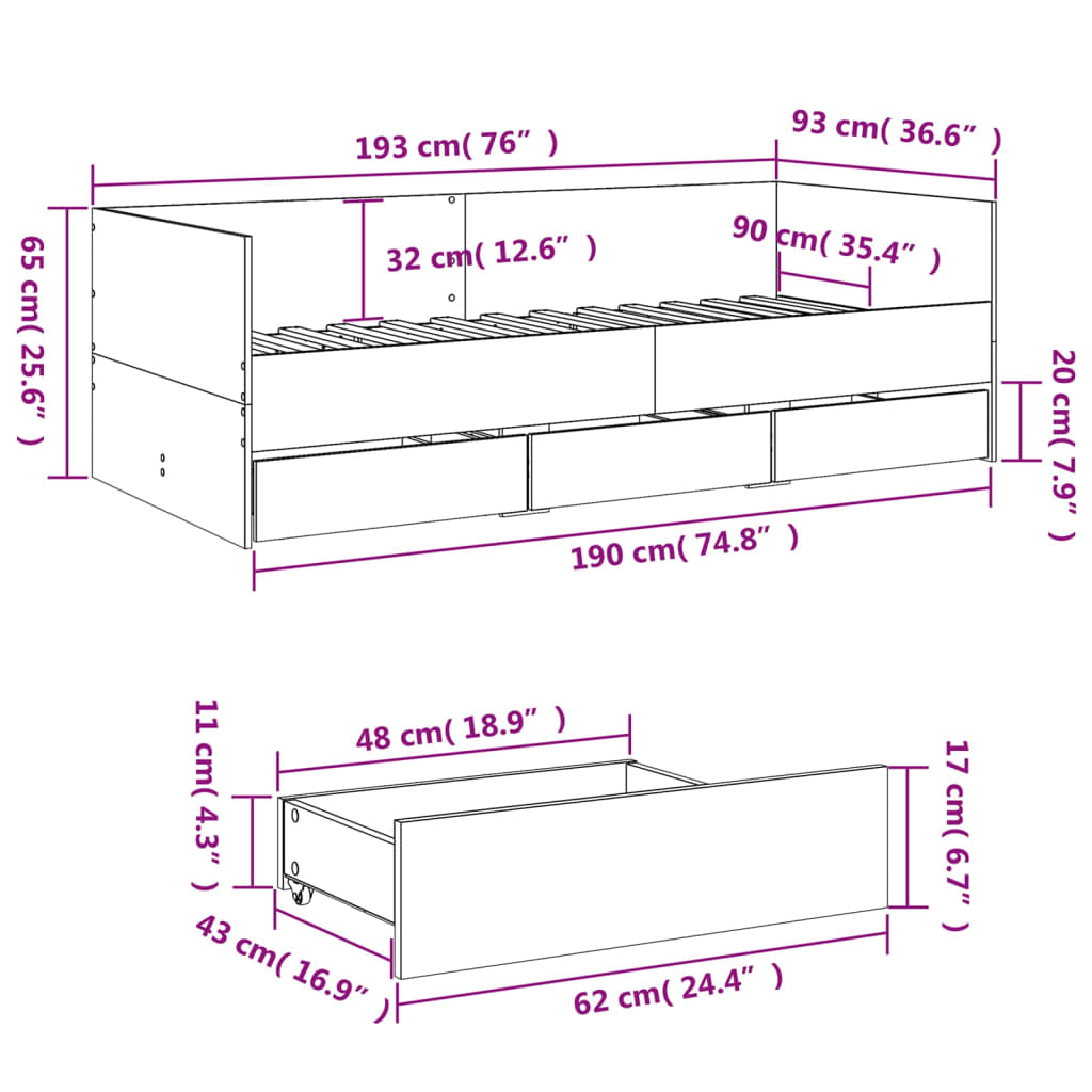 Tagesbett mit Schubladen ohne Matratze Schwarz 90x190 cm