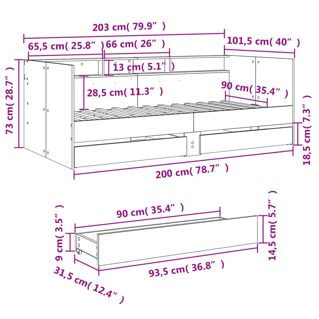 Tagesbett mit Schubladen ohne Matratze Räuchereiche 90x200 cm