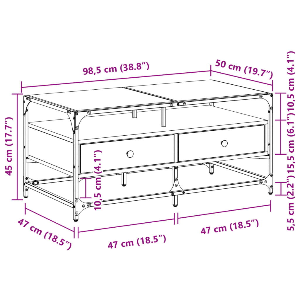 Couchtisch mit Glasplatte Braun Eichen-Optik 98,5x50x45cm Stahl