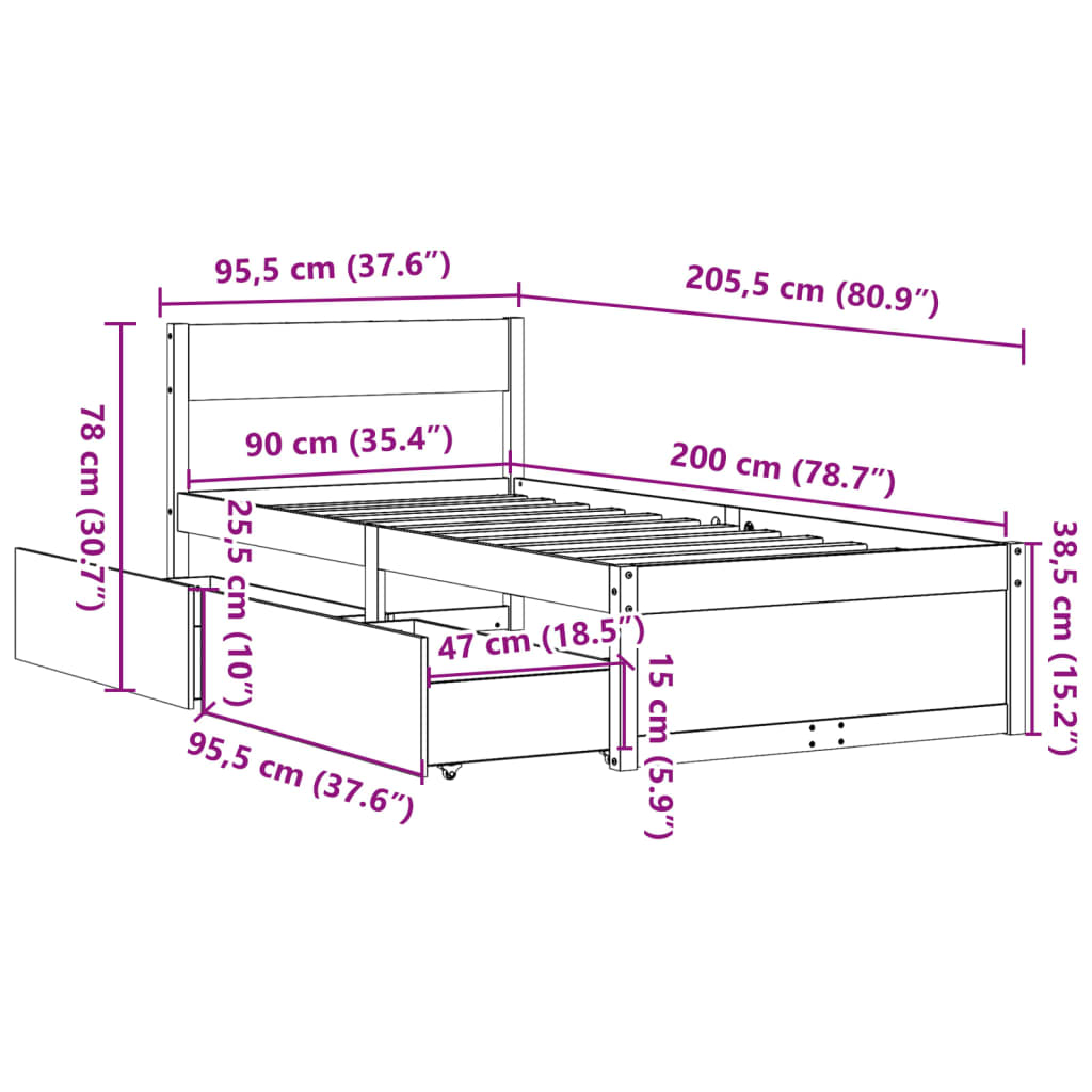 Massivholzbett ohne Matratze Weiß 90x200 cm Kiefernholz