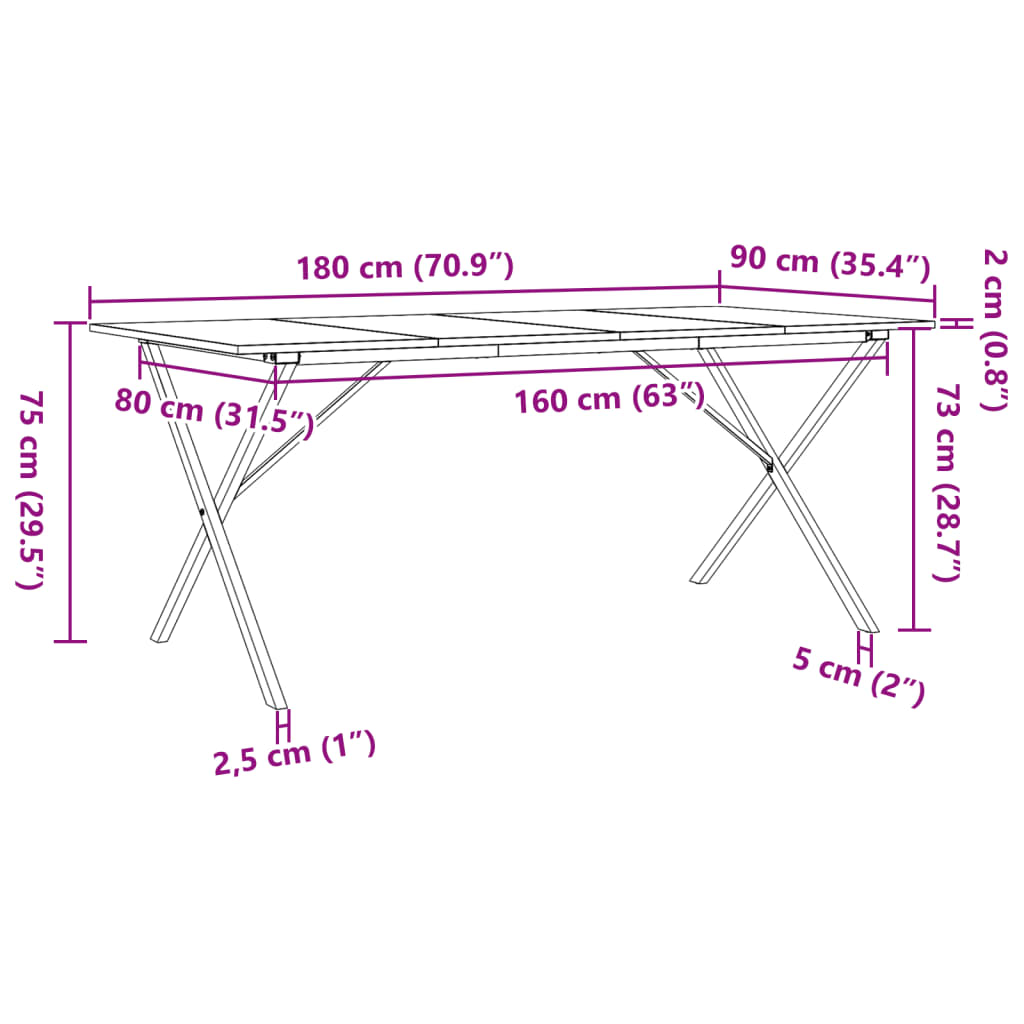 Esstisch X-Gestell 180x90x75 cm Massivholz Kiefer und Gusseisen