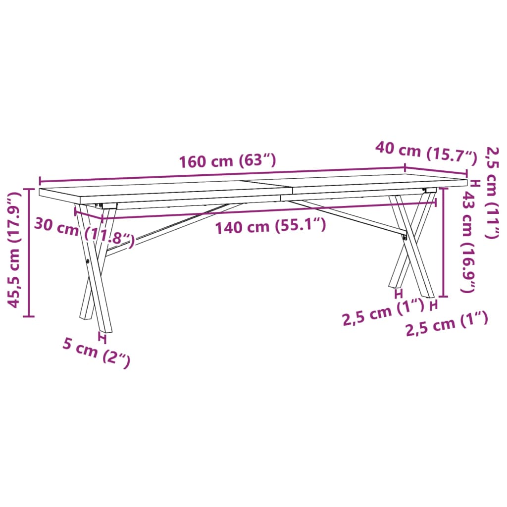 Couchtisch X-Gestell 160x40x45,5 cm Massivholz Kiefer Gusseisen