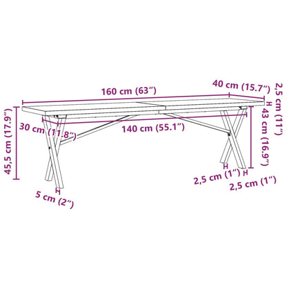 Couchtisch X-Gestell 160x40x45,5 cm Massivholz Kiefer Gusseisen