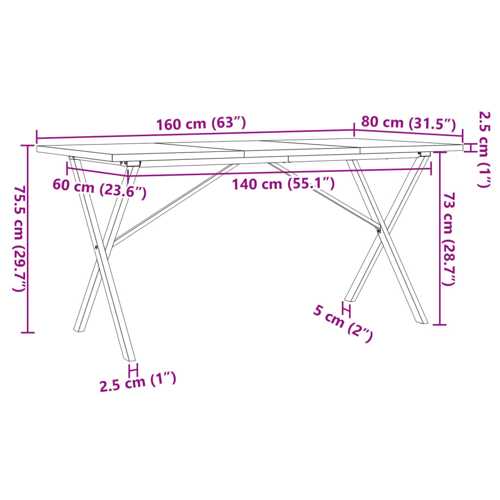 Esstisch X-Gestell 160x80x75,5 cm Massivholz Kiefer & Gusseisen