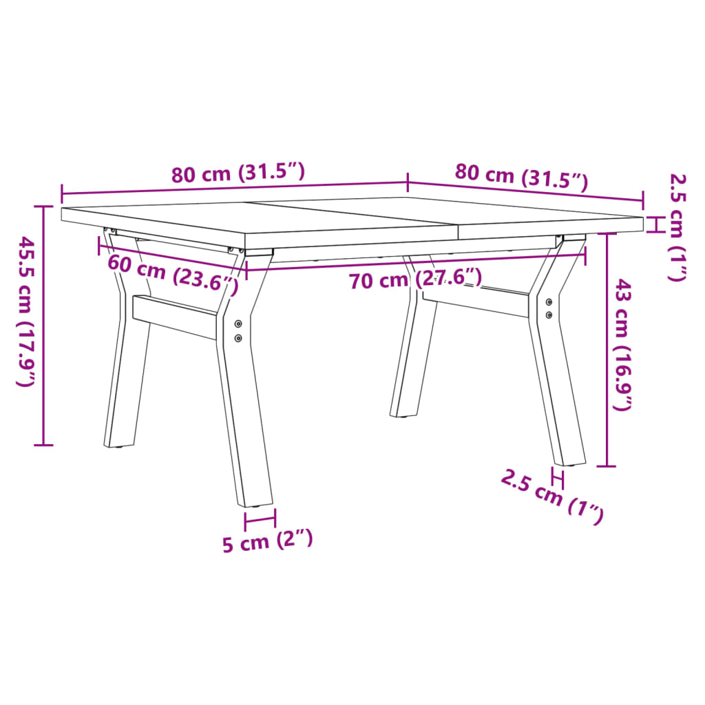 Couchtisch Y-Gestell 80x80x45,5cm Massivholz Kiefer & Gusseisen