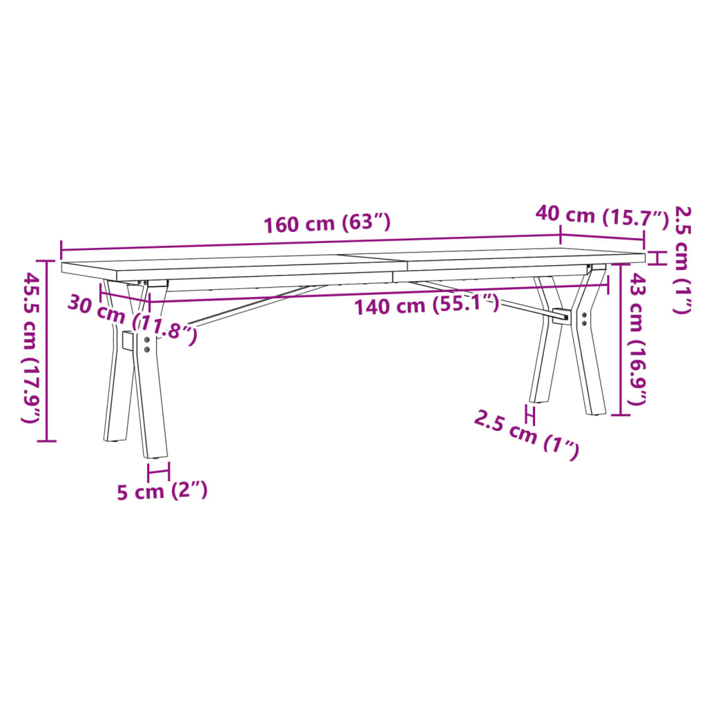 Couchtisch Y-Gestell 160x40x45,5 cm Massivholz Kiefer Gusseisen