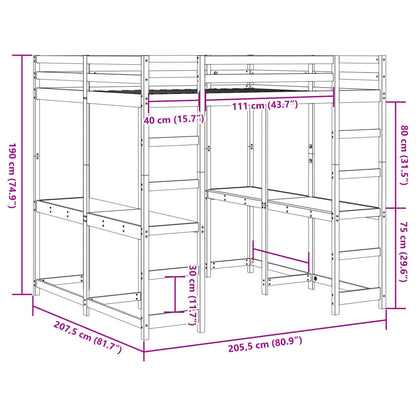 Hochbett mit Schreibtisch & Leiter Braun 200x200 cm Kiefernholz