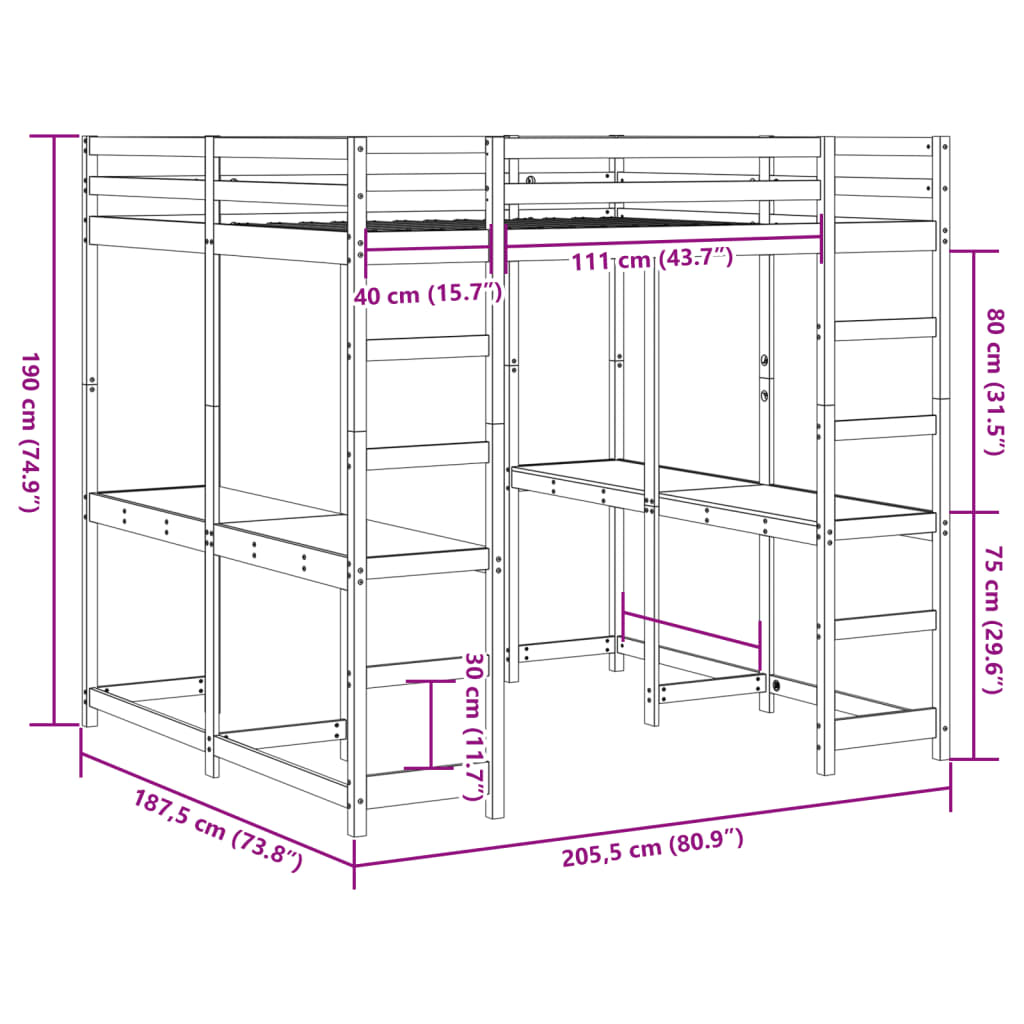 Hochbett mit Schreibtisch & Leiter Braun 180x200 cm Kiefernholz