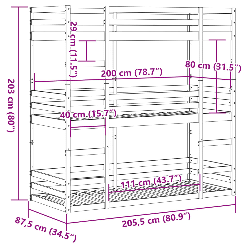 Dreifach-Etagenbett Wachsbraun 80x200 cm Massivholz Kiefer