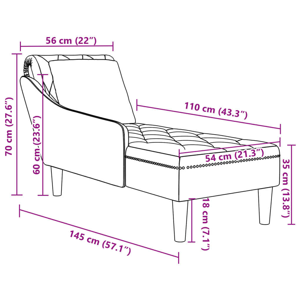 Chaiselongue mit Kissen und Rechter Armlehne Creme Samt