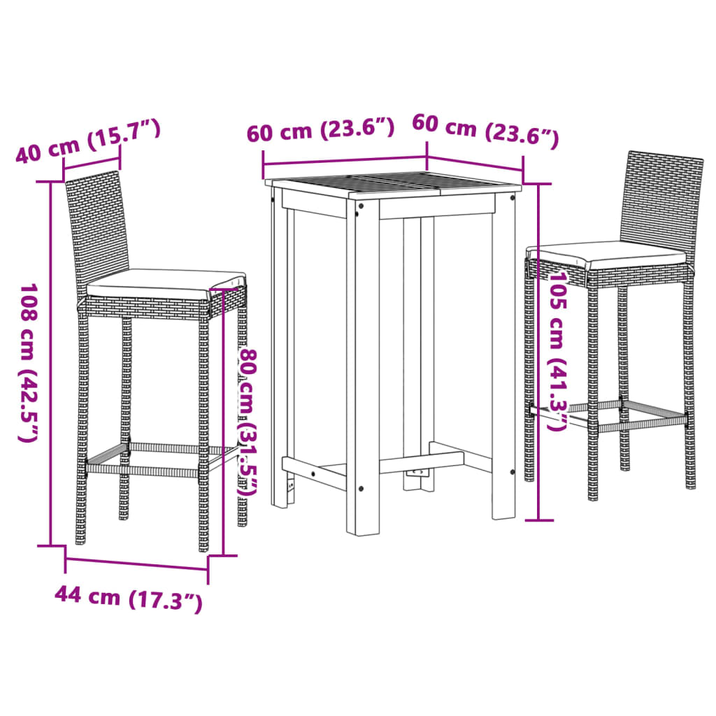 3-tlg. Gartenbar-Set Grau Massivholz Akazie und Poly Rattan