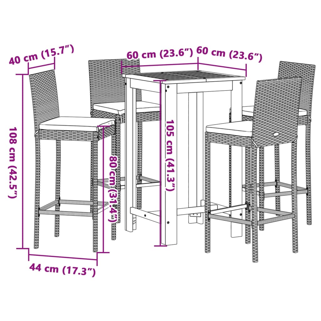 5-tlg. Gartenbar-Set Schwarz Massivholz Akazie und Poly Rattan