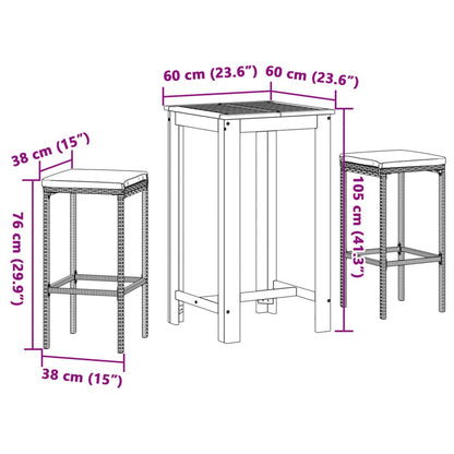 3-tlg. Gartenbar-Set Braun Massivholz Akazie und Poly Rattan