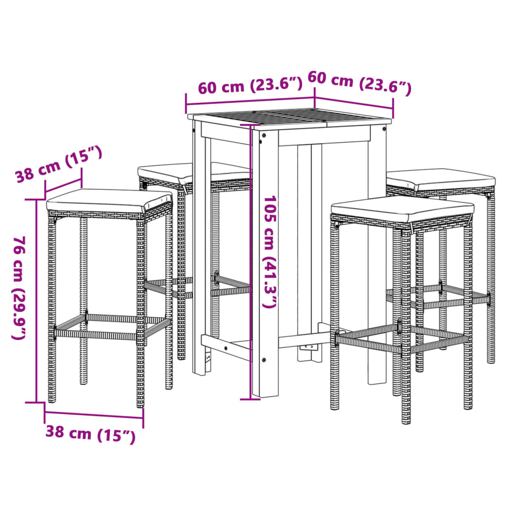 5-tlg. Gartenbar-Set Braun Massivholz Akazie und Poly Rattan