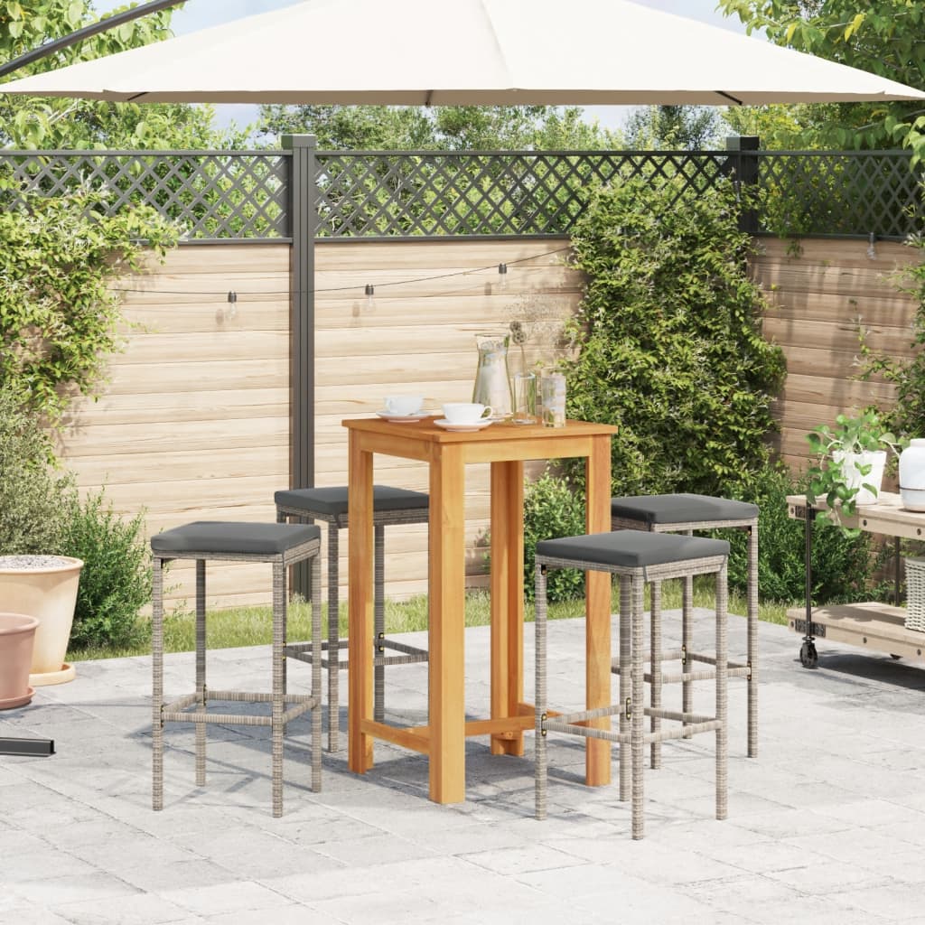 5-tlg. Gartenbar-Set Grau Massivholz Akazie und Poly Rattan