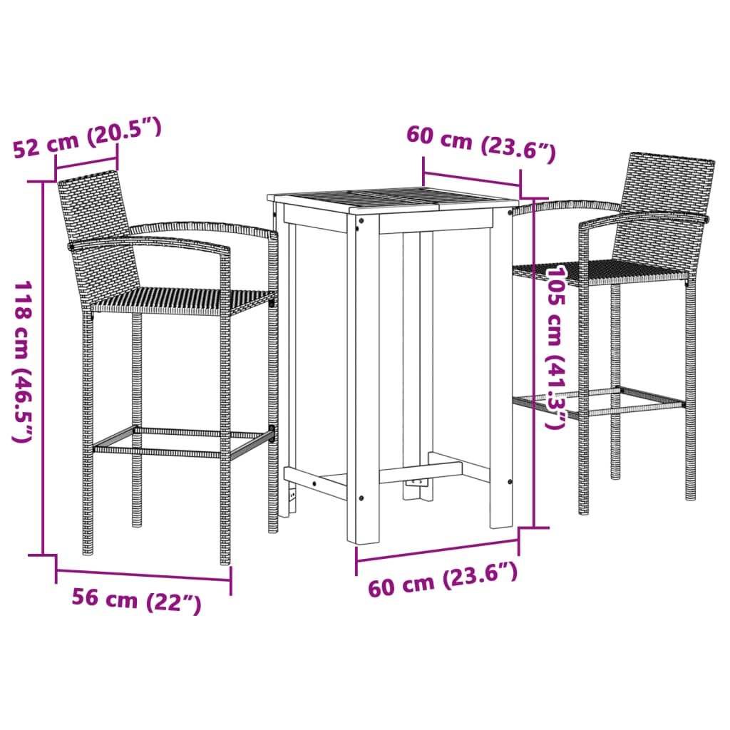 3-tlg. Gartenbar-Set Braun Massivholz Akazie und Poly Rattan