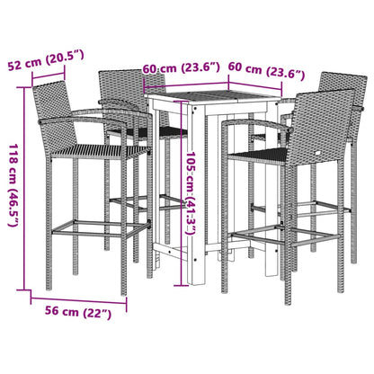 5-tlg. Gartenbar-Set Schwarz Massivholz Akazie und Poly Rattan