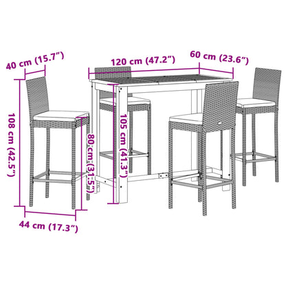 5-tlg. Gartenbar-Set Schwarz Massivholz Akazie und Poly Rattan