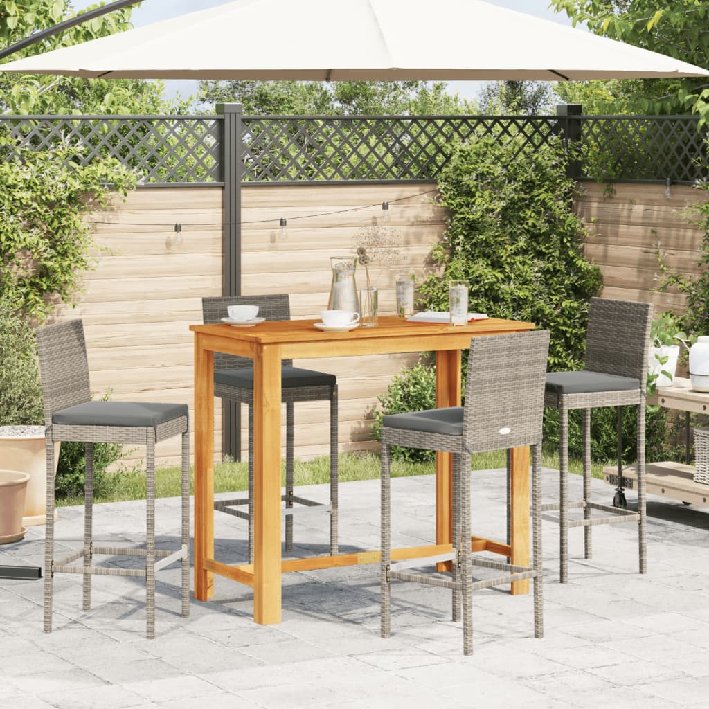 5-tlg. Gartenbar-Set Grau Massivholz Akazie und Poly Rattan