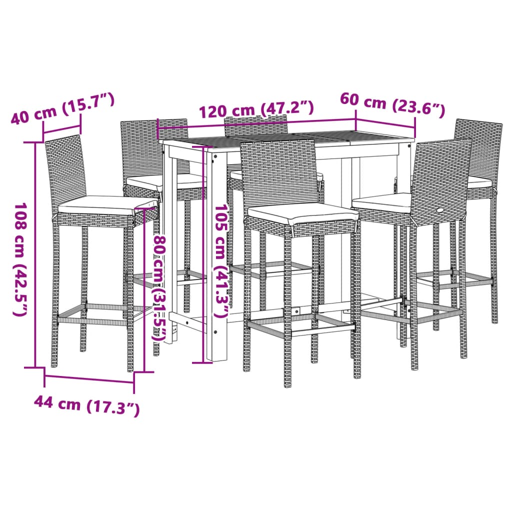 7-tlg. Gartenbar-Set Schwarz Massivholz Akazie und Poly Rattan