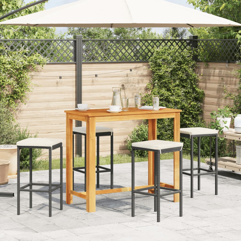 5-tlg. Gartenbar-Set Schwarz Massivholz Akazie und Poly Rattan