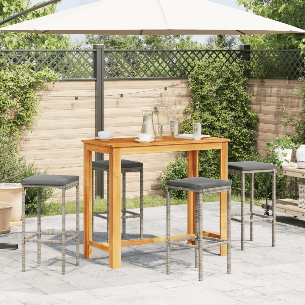 5-tlg. Gartenbar-Set Grau Massivholz Akazie und Poly Rattan