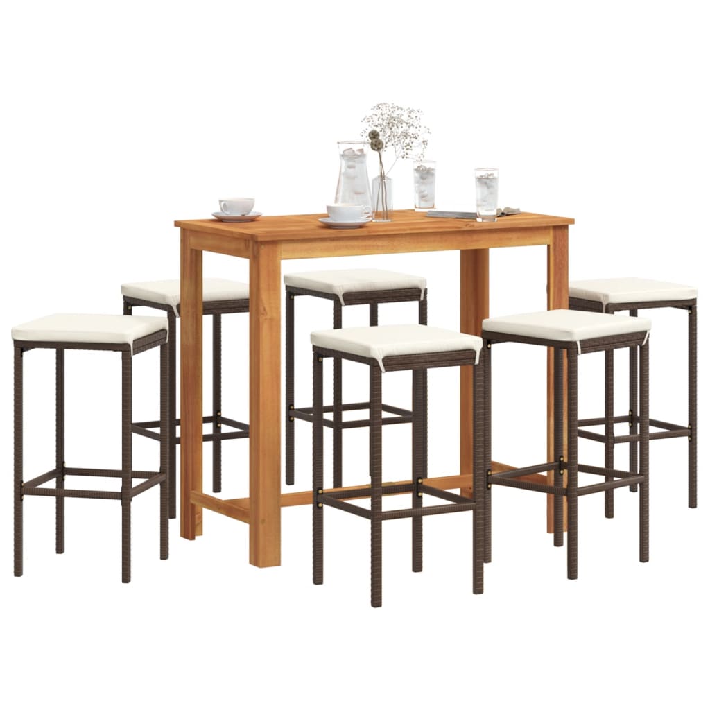 7-tlg. Gartenbar-Set Braun Massivholz Akazie und Poly Rattan