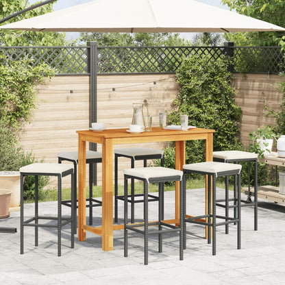 7-tlg. Gartenbar-Set Schwarz Massivholz Akazie und Poly Rattan