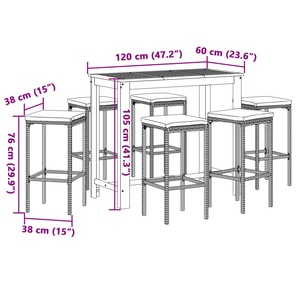 7-tlg. Gartenbar-Set Schwarz Massivholz Akazie und Poly Rattan