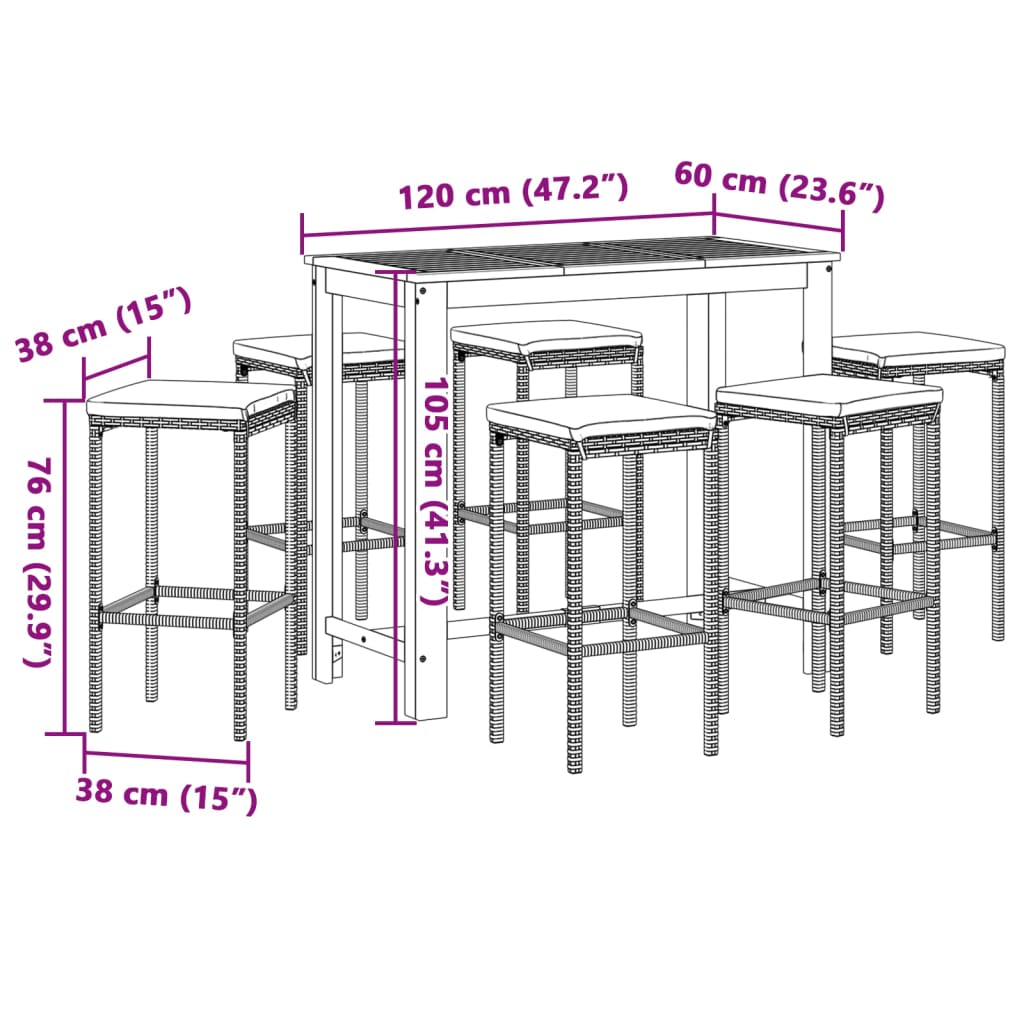 7-tlg. Gartenbar-Set Grau Massivholz Akazie und Poly Rattan