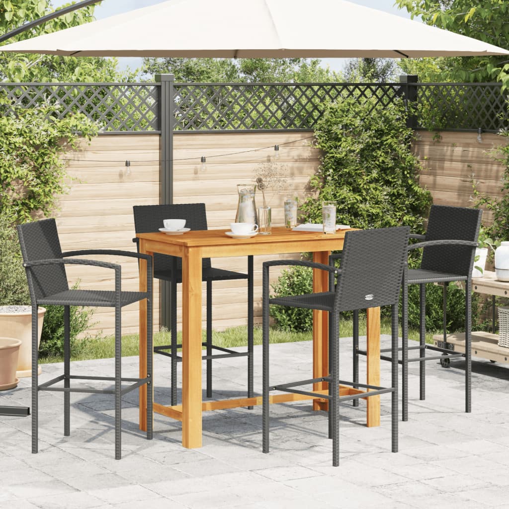 5-tlg. Gartenbar-Set Schwarz Massivholz Akazie und Poly Rattan