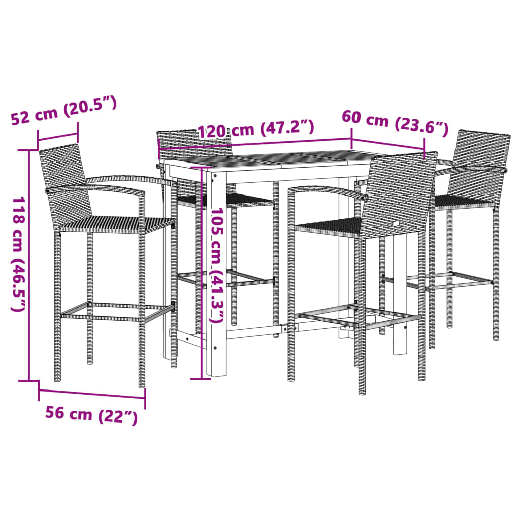 5-tlg. Gartenbar-Set Grau Massivholz Akazie und Poly Rattan