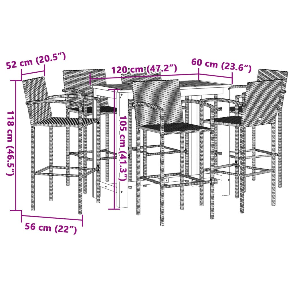 7-tlg. Gartenbar-Set Braun Massivholz Akazie und Poly Rattan