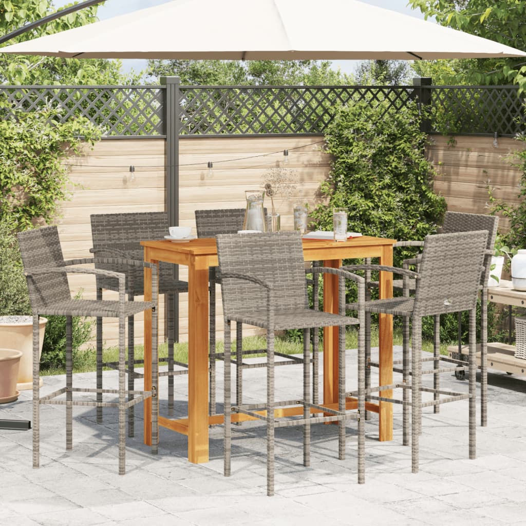 7-tlg. Gartenbar-Set Grau Massivholz Akazie und Poly Rattan