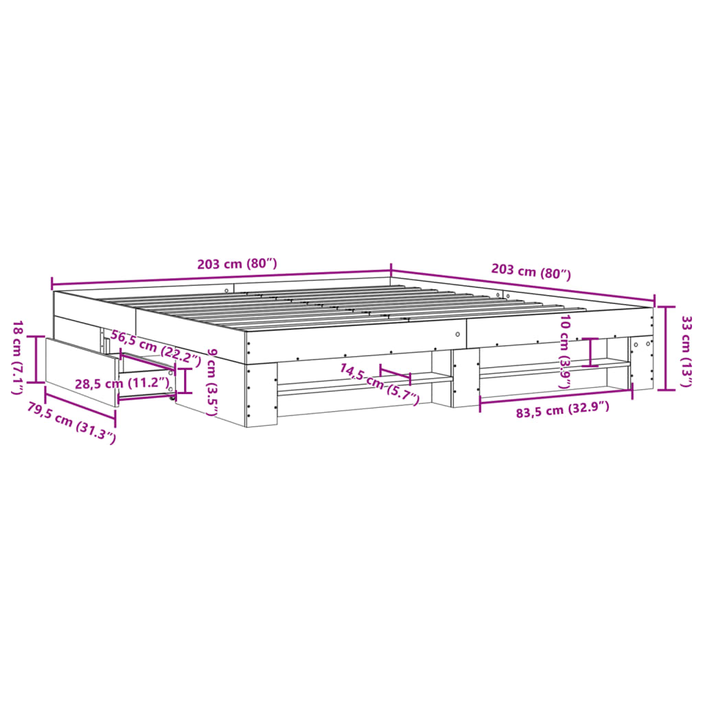 Bettgestell Grau Sonoma 200x200 cm Holzwerkstoff