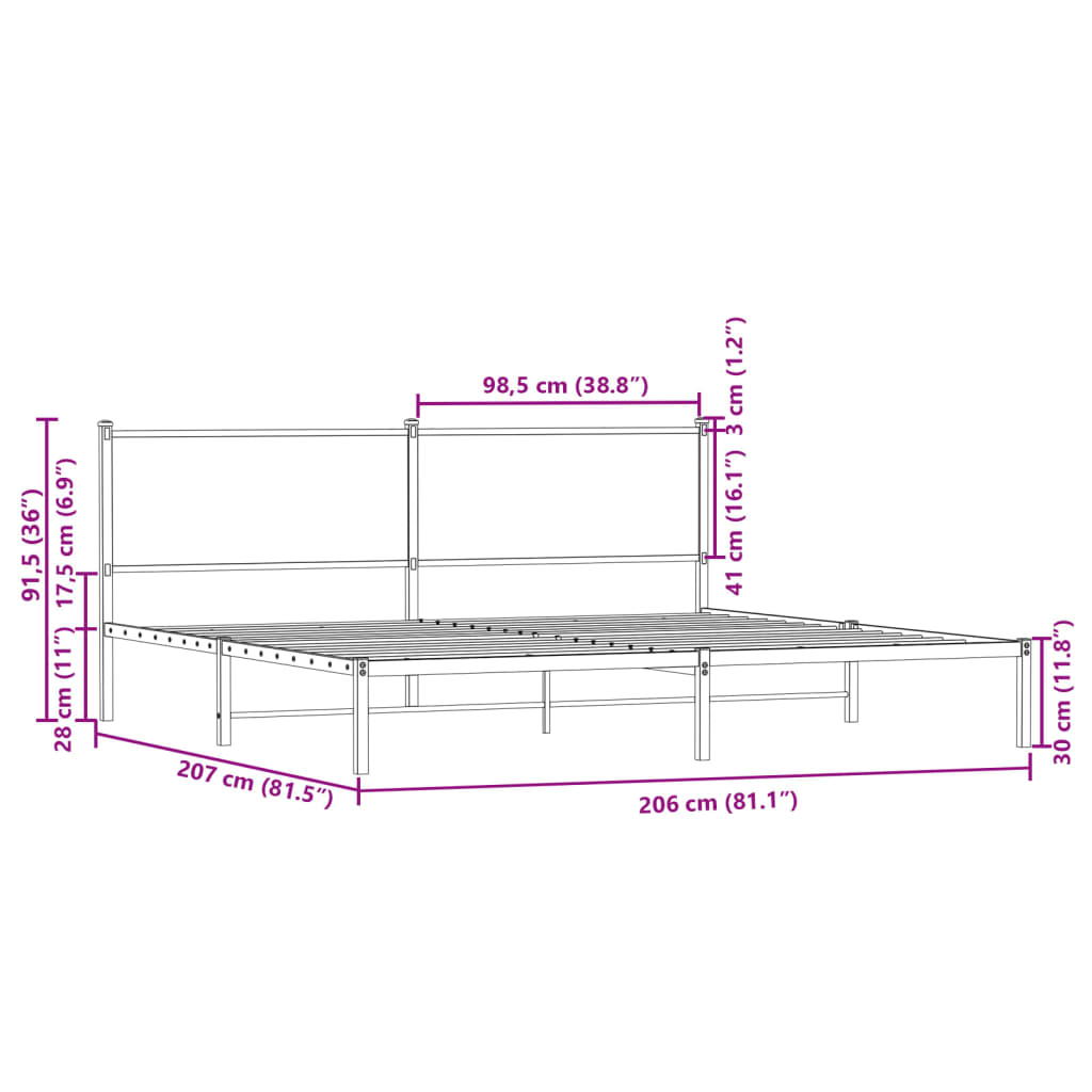 Metallbett ohne Matratze Sonoma-Eiche 200x200 cm