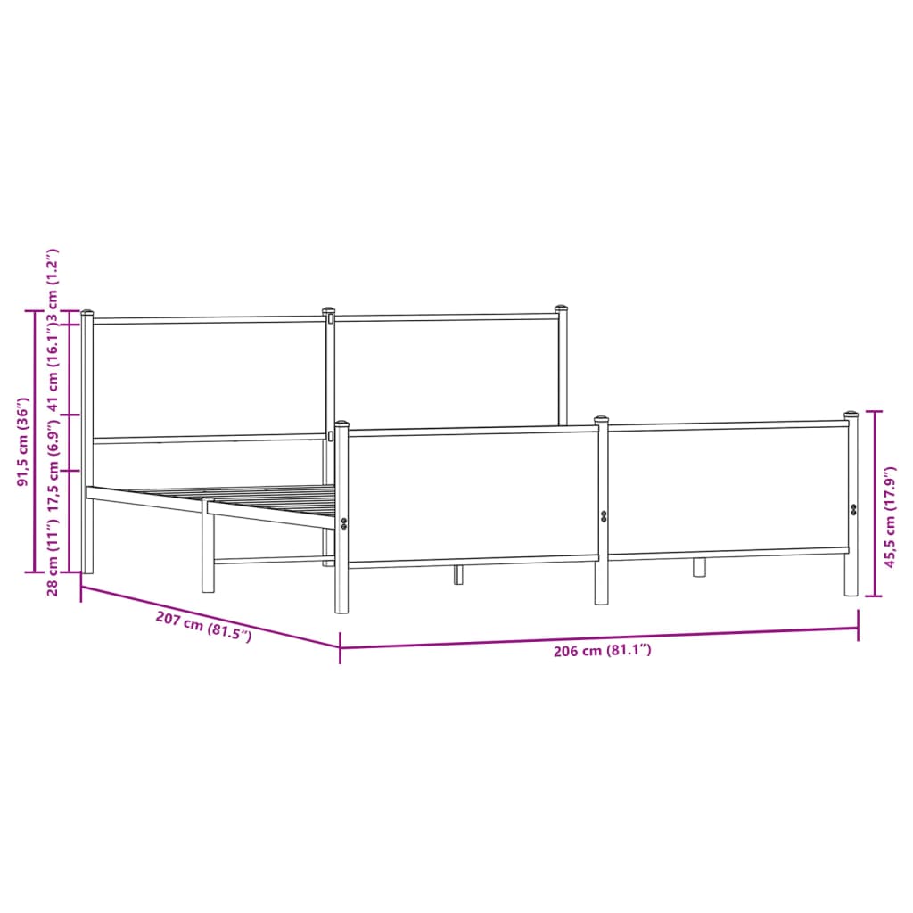 Metallbett ohne Matratze Sonoma-Eiche 200x200 cm