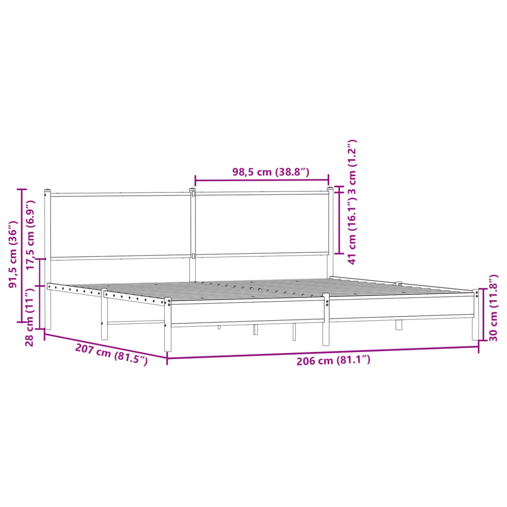 Metallbett ohne Matratze Sonoma-Eiche 200x200 cm