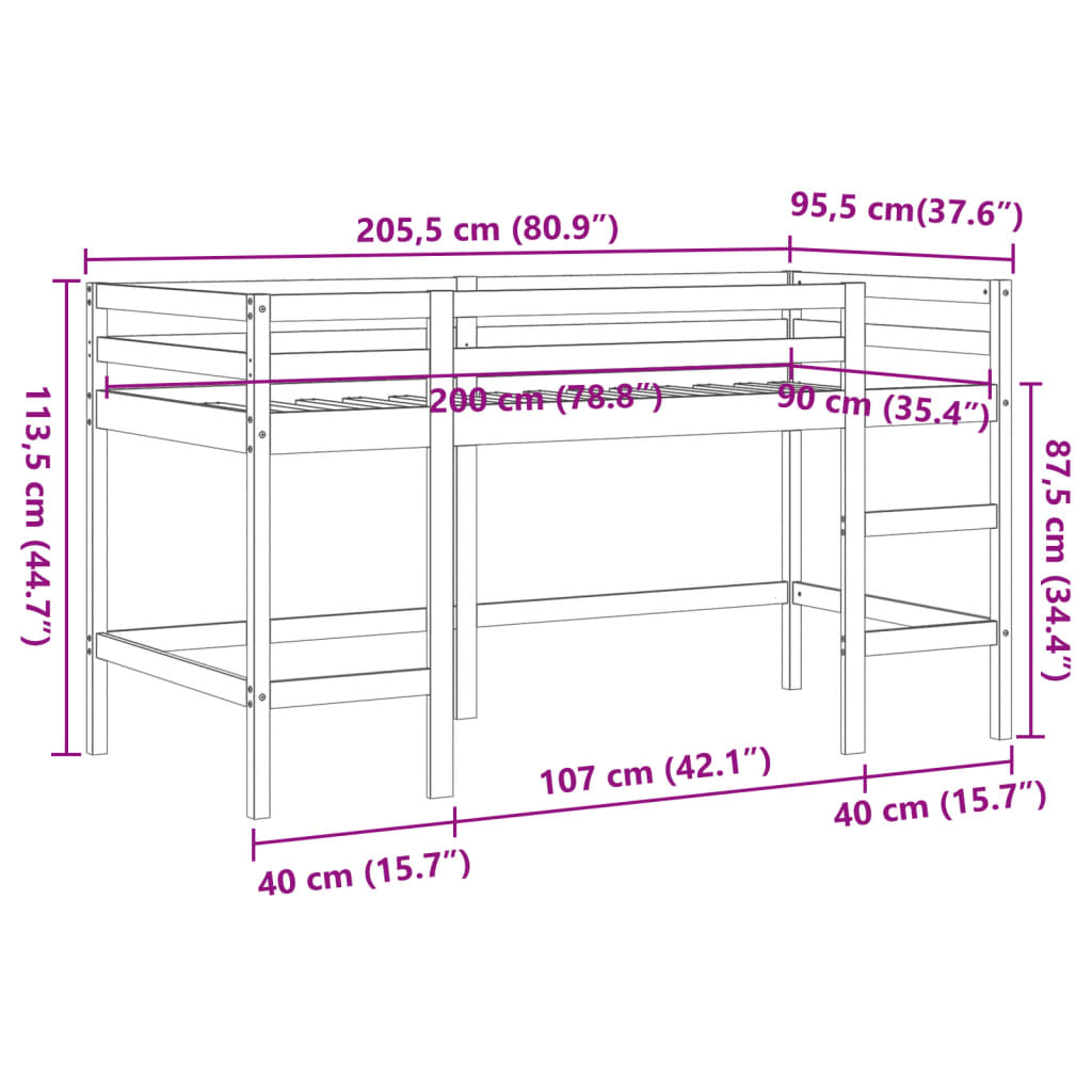 Kinderhochbett mit Leiter Wachsbraun 90x200cm Massivholz Kiefer